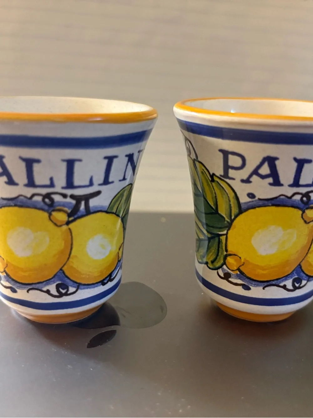 Hand-Painted Limoncello Lemon Pallini Ceramic Shot Glasses - Blue & Yellow